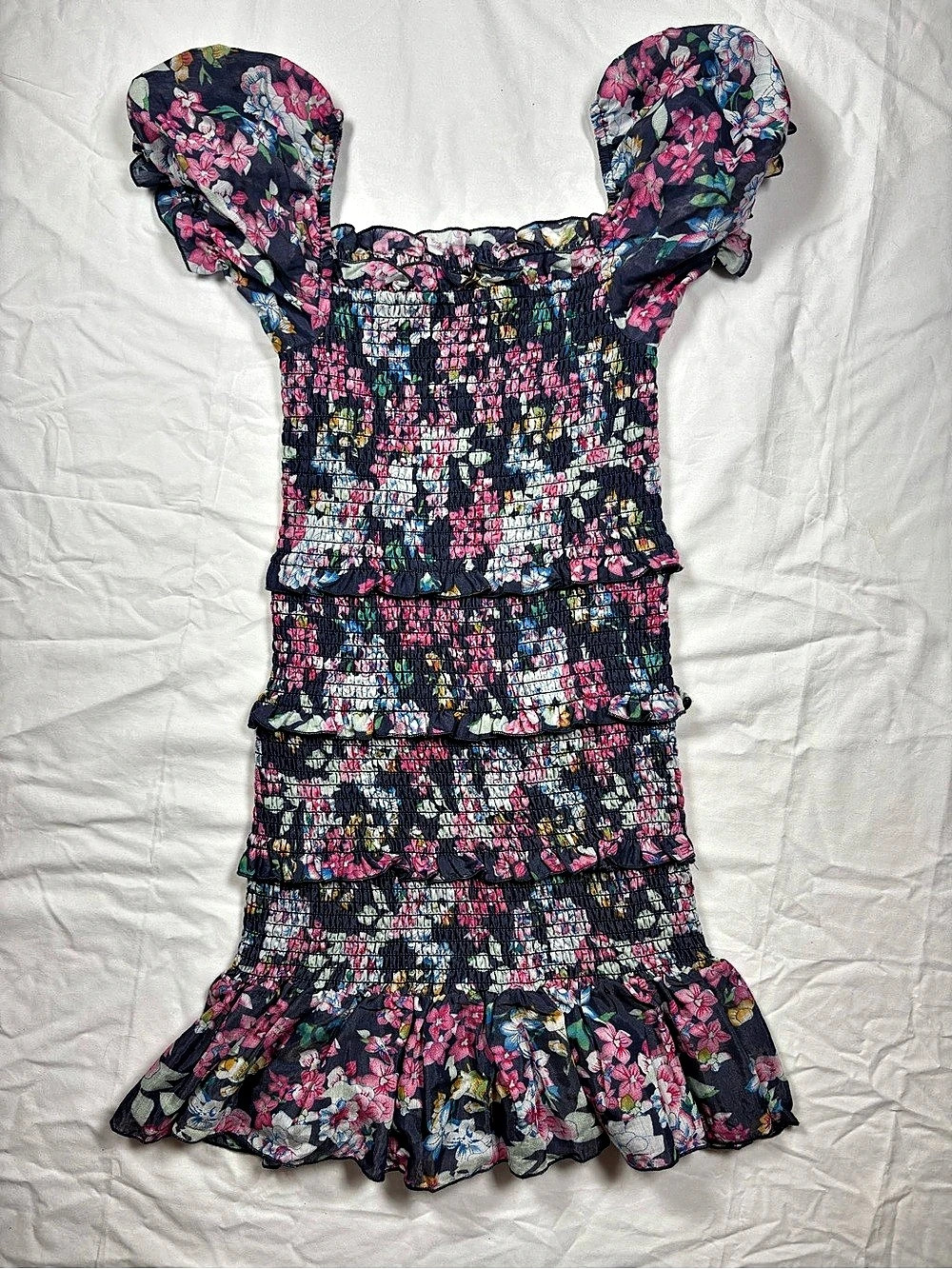 KATIEJ NYC Floral Ruffle Mini Dress in Blue & Pink Size Medium